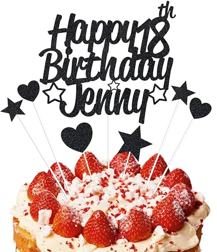 EKAM Personalised Happy Birthday Cake Topper, Customised with Any Age Name Party Cake Decoration, Glitter Card Cake Topper With Heart Star Cup Cake Toppers - 9Pcs (Prime, Black)