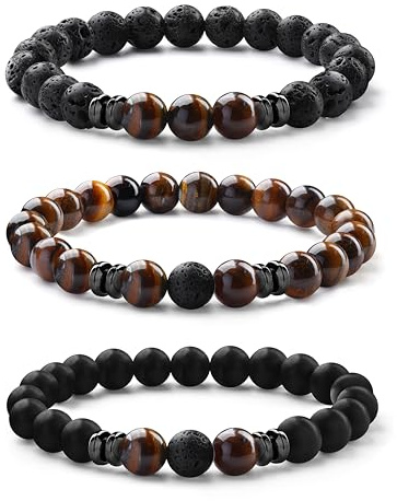 Milacolato Armband, för män, 3–5 st., med 8 mm tigeröga, svart pärlarmband, elastiskt lavastensarmband, med pärlor, smyckespresent till fars dag