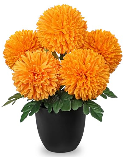 Hollyone Künstliche Chrysantheme Orange Kunstblumen im Topf, 30cm Seide Chrysantheme Blumen Kugeln Deko, Künstliche Hortensie Dekorative Blume für Büro Haus Schlafzimmer Wohnzimmer Tischdeko