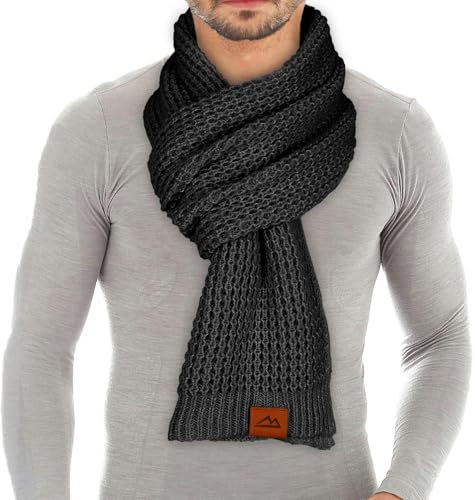 Loowoko Schal Herren Damen winter, Klassische waffel strickschal, Langschal mit Echt-Leder Veredelung, Geschenk für Mann und Vater