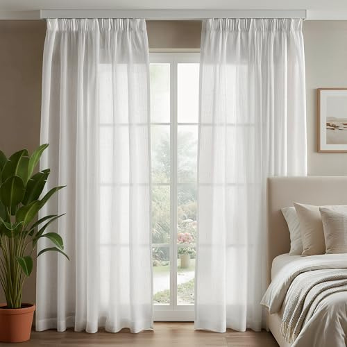 Deconovo Gardinen mit Kräuselband Voile Durchsichtig Vorhang Halbtransparent Dekoschal Vorhänge Kinderzimmer Leinenoptik Wohnzimmer