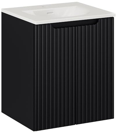 Lomadox Badezimmer Waschtisch 50cm, schwarz, gerillte Front, wandhängend, Keramikwaschbecken