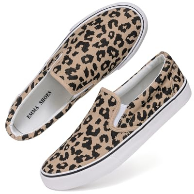 Emma Shoes Low-Top Slip Ons Women's Fashion Sneakers Casual Canvas Sneakers for Women Comfortable Flats Breathable Padded Insole Slip on Sneakers Women Low Slip on Shoes, Leopard, 9