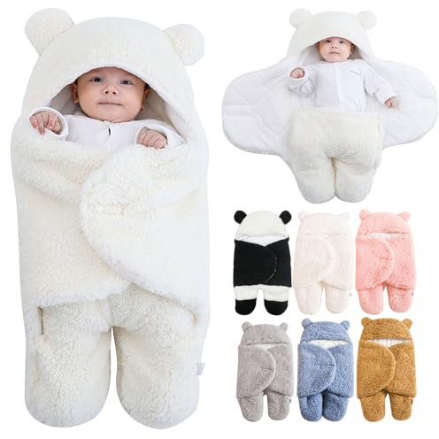 HINATAA Baby Schlafsäcke Neugeborene Winter, 2.5TOG Pucksack Baby 0-3/3-6 Monate, Plüsch Warme Wickeldecke Babys, Baby Swaddle Decke für Jungen Mädchen (Weiß, 3-6 Monate)