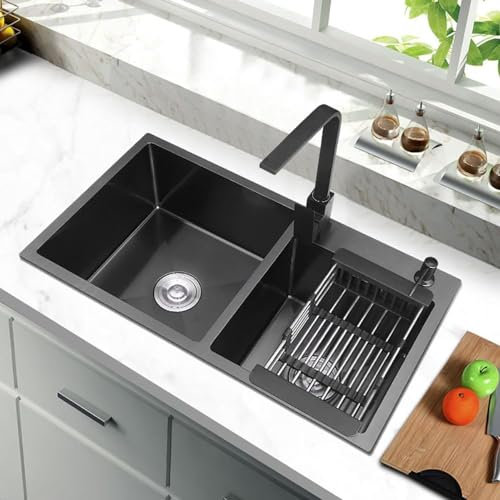 GWFBLID Fregadero de Cocina de Acero Inoxidable Fregadero Dos Senos Kit de Fregadero,Fregadero Negro sobre encimera Fregadero Bajo Encimera con escurridor Grifo para Cocina y baño Estilo Granja
