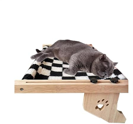 Amaca per gatti per davanzale | Lettino per gatti in legno, regolabile, ripiano per davanzale, lettino per gatti con cuscino per davanzale, comodino, cassetto