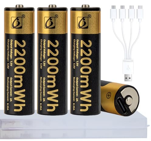 Tosiicop AA Rechargeable Lithium Batteries - 4 Pack USB-C Rechargable Li-Ion Battery 1.5V AA 2200mwh with 4 in 1 USB to Type-C Charger Fast Charging Cable High Output (Battery 2200Mwh)