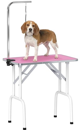 PawHut 32 Foldable Dog Grooming Table Adjustable Fixed Arm Rubber Top Pink