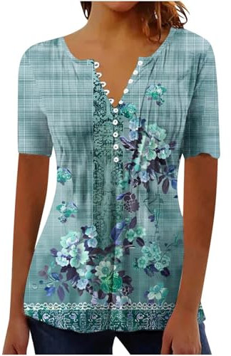 Damen Tshirt Elegant Schick, Sale T-Shirt Oberteil Mit V-Ausschnitt, Kurze Ärmeln Aus Spitze, Plissee Knopf Print Oberteile Leicht Und Luftig, Bluse Weich Bequem, Shirt Top Casual Fashion