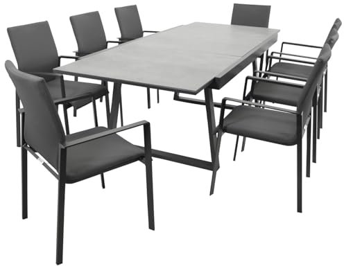 DEGAMO Gartenset Garnitur Reims 9-teilig (8X Stapelsessel, 1x Ausziehtisch 180/240x100), Alu anthrazit + Tischplatte Glas in Keramikoptik dunkelgrau
