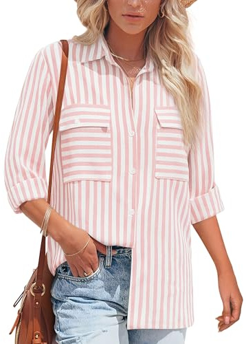 NONSAR Blusa de manga larga para mujer, a rayas, informal, de algodón, túnica de manga larga, blusa de lino, Raya Ancha Rosa, L