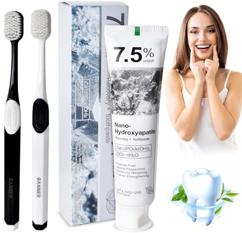 Hydroxylapatit Zahnpasta, Nano-Hydroxyapatit Zahncreme mit 2 Toothbrush - für Natürlich Weissere Zähne, Fluoridfreie Zahnschmelzreparatur und Linderung Von, Sanfte und Effektive Formel, 4 Oz, 120g
