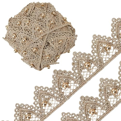 GORGECRAFT 5 Yards Floraler Spitzenbesatz Mit Perlen 32.5mm Breit Bestickte Dreieckige Randbesätze Goldene Mit Kunststoffperlen Verzierte Spitzenkantenbänder Für Heimwerker Nähen Basteln Hochzeiten