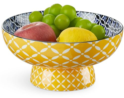 Metahom 10 Ceramic Fruit Basket, Large Pedestal Bowl with Detachable Base, Colorful Snack Bowl, Decorative Bowl for Kitchen Counter Decor, Yellow Color