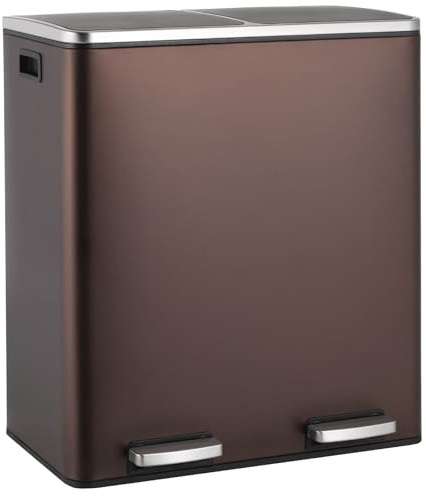 LIFERUN Mülleimer 2 Fächer, Abfalleimer Küche 60L (2x 30 Liter),mit Softclose Deckel, aus Metall,2 pcs Kunststoff Inneneimer, Anti-Fingerabdruck-Beschichtung,mattes Finish,Braun