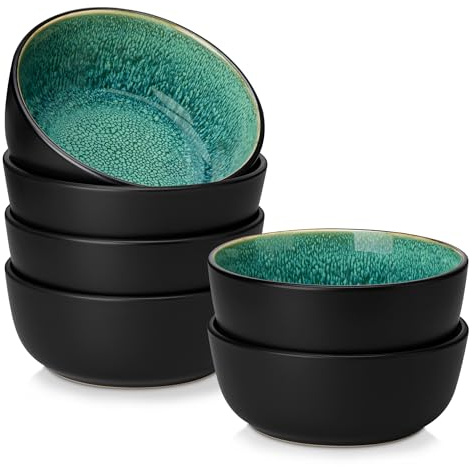vancasso Playa 900ml Cereal Bowls Set of 6, Mediterranean Style Ceramic Bowls for Soup/Pasta/Ramen/Salad/Fruit/Breakfast/Rice, Dishwasher & Microwave Safe, Green