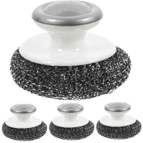 FIXOSHEE 4pcs Heavy Duty Stainless Steel Wool Scrubbers with Handle Handheld Pot Brush for Household Cleaning Tough Pan Scrubber for Pots Pans Grills and Sink Kitchen Cleaning Supplies