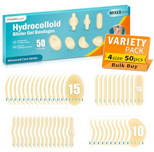 50ct Blister Plasters for Feet Waterproof Hydrocolloid Plasters Blister Cushions Bandages for Heels Toes Gel Blister Pads for Prevention Variety Pack