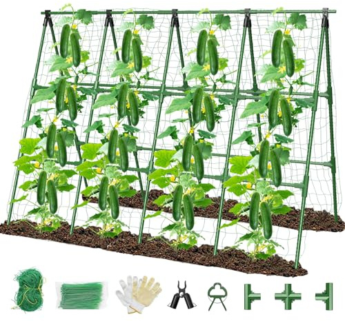 Enrejado para Pepinos y Plantas Trepadoras, Soporte en A Plegable 180x114cm, Kit de Malla para Tomates, Verduras y Jardín, Estructura de Acero Revestido con Red de Nailon y Accesorios de Montaje