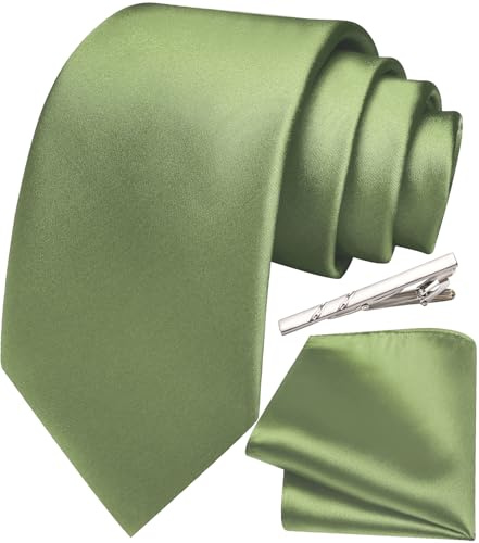 Ailisus Mens Sage Green Tie Satin Necktie and Pocket Square Set for Wedding
