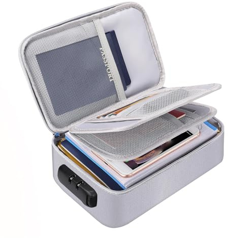 Ausla Sac à Documents Ignifuge, Organisateur de Stockage à 3 Couches, Verrouillage par Mot de Passe et Poignée Robuste pour Cartes de Passeport, Fichiers D'argent, Chèques 24x15x8cm