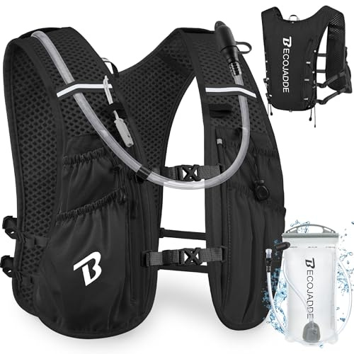 BECOJADDE Leichter 5 Liter Laufrucksack mit 1.5 Liter Trinksystem für Damen und Herren, Ideal für Marathon, Trailrunning, Radfahren, Wandern und Joggen, Schwarz
