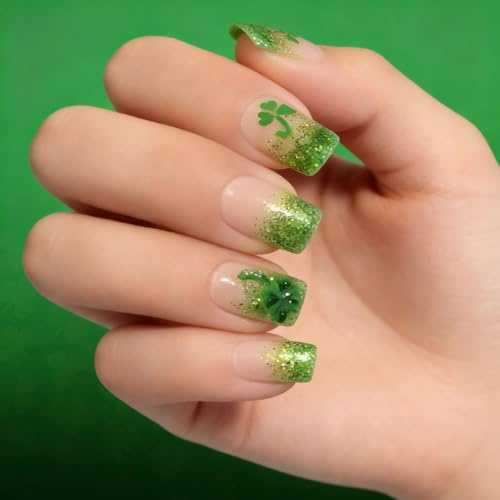 Patrick thème ongles artificiels vert trèfle paillettes pointe française courte longueur brillant faux paquet de 24 faux