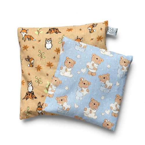 Lot de 2 coussins en pépins de raisin - 19 x 19 et 15 x 15 cm - Avec housses lavables - Coussin chauffant et froid - Fabriqué à la main en Autriche - Garnissage naturel - Animaux de la forêt et ours