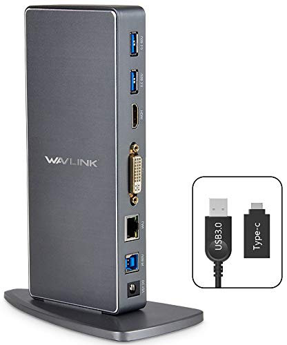 Estación de Acoplamiento Universal WAVLINK USB 3.0/USB C con Dos Salidas de vídeo (HDMI, DVI o VGA) para Ordenador portátil/PC o Mac (Gigabit Ethernet y 6 Puertos USB 3.0)