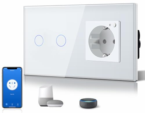 BSEED WiFi Smart Alexa Lichtschalter mit Steckdose, Kompatibel mit Google Home Tuya, Glas Touchscreen-schalter Wlan Lichtschalter 2 Gang 1 Weg Weiß (Neutrale Leitung Benötigt)