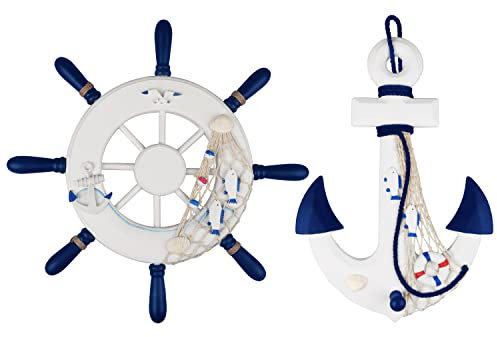 Fangoo 2 Pack 32 CM Steuerrad mit Holz und 32 CM Anker Holz Steuerrad mit Seil Nautical Boat Wanddeko Maritime Deko Tür hängen Ornament