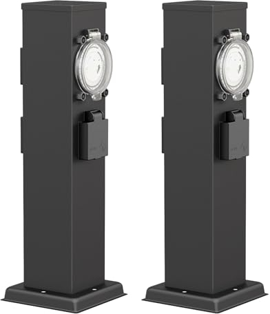 ledscom.de 2 Tomas de jardín Columna Polly para Exterior, IP44, Temporizador/Reloj, 3 vías, Acero Inoxidable, Negro, Cuadrado, 38 cm