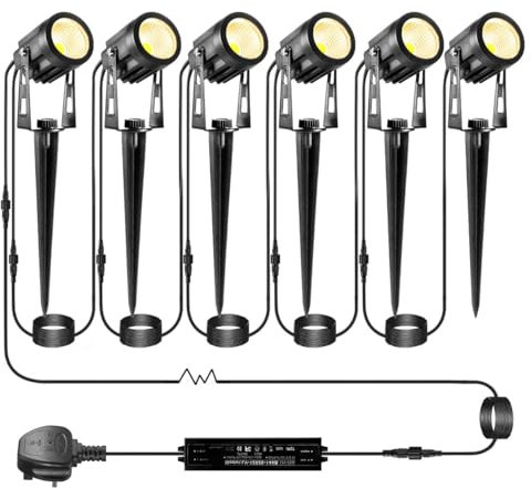 ECOWHO 21m Extendable to 8 Garden Lights Mains Powered Premium Spotlights Outdoor Lighting LED 12V Spike Waterproof Uplighter for Patio Path (Warm White 6-Packs 18w Standard Plug Adapter)