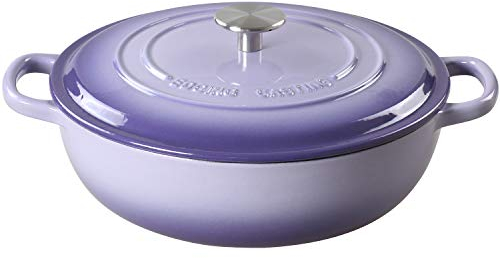 EDGING CASTING Enameled Cast Iron Dutch Oven Shallow Casserole Braiser with Dual Handle, 3.8 QT, Purple