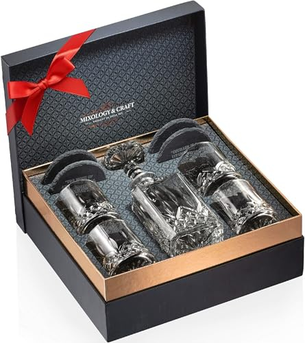 Mixology & Craft Luxury Whiskey Decanter Gift Set - 25oz Crystal Decanter, 4 Old-Fashioned Glasses, 4 Slate Coasters with Diamond Pattern Premium Black Gift Box
