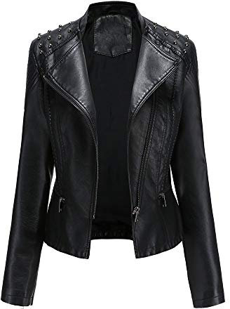 GITVIENAR Kunstlederjacke Damen, Bikerjacke mit Reißverschluss, Lederjacke mit Nieten, Reverskragen dünne Jacke für Frühling und Herbst