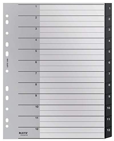 Leitz Register, Numrerade Flikar 1-12, A4-storlek, Extra Brett, 90% Återvunnen Plast, Miljövänlig, Premium Kvalitet, Recycle-serien, Svart, 12090095