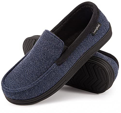 LongBay Men's Moccasin Slippers Memory Foam Plush Fleece House Shoes in Indoor Outdoor Navy Blue9 UK