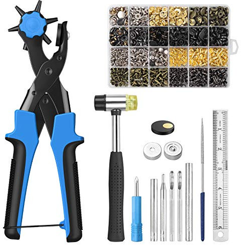 Kamtop Hole Punch Plier Set, Revolving Punch Hole Plier Tool with 240 Pcs Leather Double Cap Rivets and 120 Pcs Leather Snap Fasteners, Leather Belt Hole Puncher for Watch Bands, DIY, Craft Projects