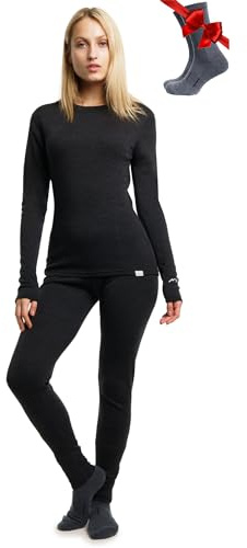 100% Merino Wool Base Layer Womens Set - Thermal Underwear Womens + Socks | All Season Merino Wool Top & Bottom, Odor-Resistant, Moisture-Wicking, Breathable, Itch-Free, for Hiking, Skiing, Travel
