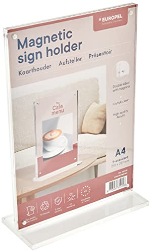 EUROPEL Luxe Tischaufsteller DIN A4, T-Aufsteller, mit Magnete, Hochformat, Acryl, Speisekarten & Prospekthalter für Restaurants, Hotels, Konferenz & Rezeption, freistehend & doppelseitig verwendbar