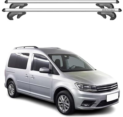 Menabo Dachträger Grundtäger kompatibel mit VW Caddy 2015-2020 Aluminium 90kg Silber 2tlg Offene Reling für Fahrradträger, Dachboxen, Skiträger Abschließbar