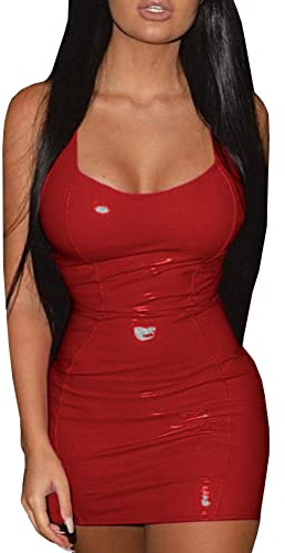 Women's Sexy PU Leather Bodycon Dress Sleeveless Halterneck Wet Look PVC Backless Y2k Pencil Mini Dress, Red, M