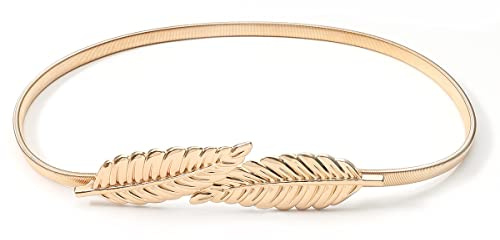 Liitata Damen Dünner Metallgürtel Elastischer Metall Taillengürtel Mode Kleidgürtel Metall Schnalle Hüftgurt Dehnbar Bund Bund Gürtel Schnallenbund für Kleid Pullover Mantel Passen - Blätter