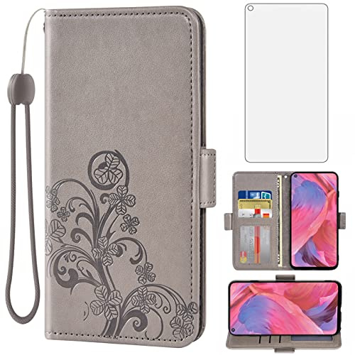 Asuwish Compatible with OPPO A74 5G/A54 5G Wallet Case and Tempered Glass Screen Protector Flip Purse Accessories TPU Wrist Strap Credit Card Holder Cell Phone Cover for A93 5G/A93S 5G Women Men Grey