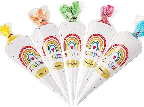 COLOFALLA 10 STK Schultüte Klein für Mädchen Junge 28cm Geschwistertüte Schulkind Regenbogen-Boho Zuckertüten zum Befüllen Dekotüten Deko für Einschulung Schulanfang Schuleinführung Abschiedsgeschenk