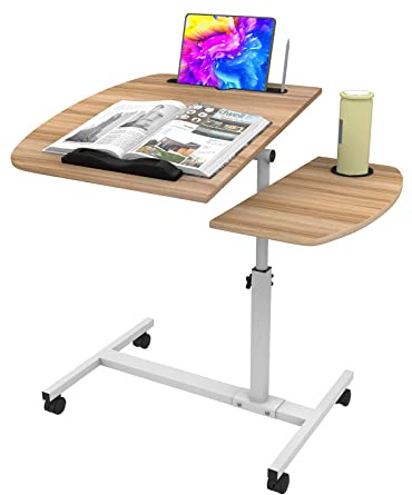 PIPIPOXER Laptoptisch Höhenverstellbar 61-91 cm, 60×40cm Mobiler Stehtisch mit 4 Rollen & 1 Stopp-Leisten, Tablet-Schlitz und Cup Slot, 360 Drehbaren Tischplatte, Beistelltisch fürs Sofa, Holz