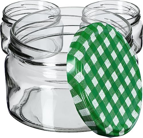 KADAX Juego de 10 tarros de mermelada de 250 ml con tapa de rosca de 82 mm de diámetro en verde a cuadros – herméticos, aptos para lavavajillas, ideal para mermelada, chutneys, verduras en escabeche