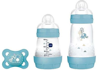 MAM Easy Start Anti-Colic Starter Set S, Baby första utrustning med 2 anti-kolikflaskor (160 ml & 260 ml) inkl. nappstorlek 1 och napp, baby presentset, från födseln, blå