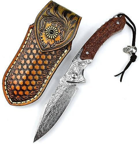TABKER Klappmesser einhandmesser Outdoor Messer Holzgriff Klappmesser Tragbares Taschenmesser Damaszener-Muster Survival Knife Einhandmesser